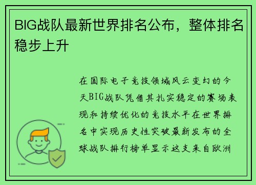 BIG战队最新世界排名公布，整体排名稳步上升